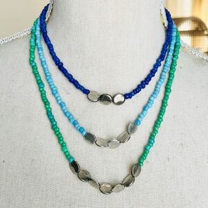 Handcrafted Set of 3 Blue Turquoise Green Silver Beads Necklaces